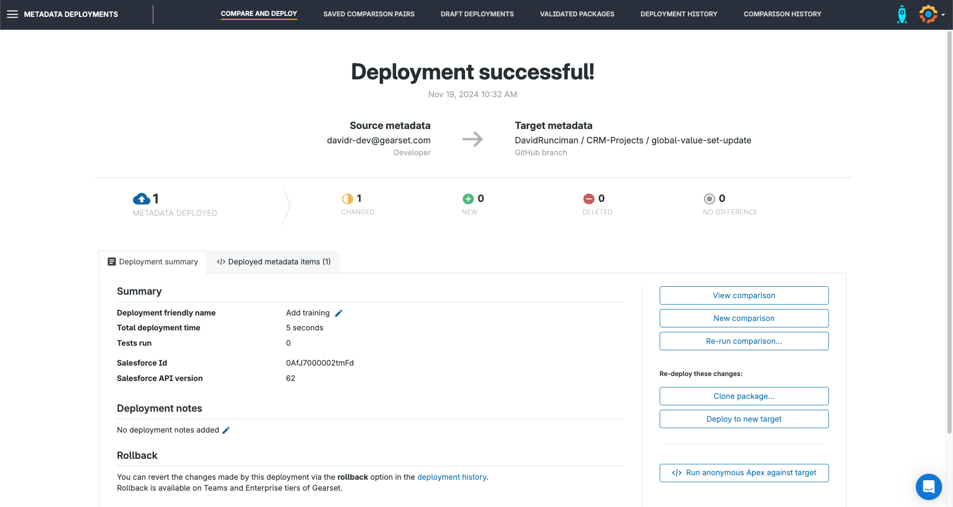 You’ll see a summary of the successful deployment
