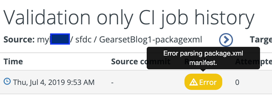 Hover over the Error result to preview what went wrong.