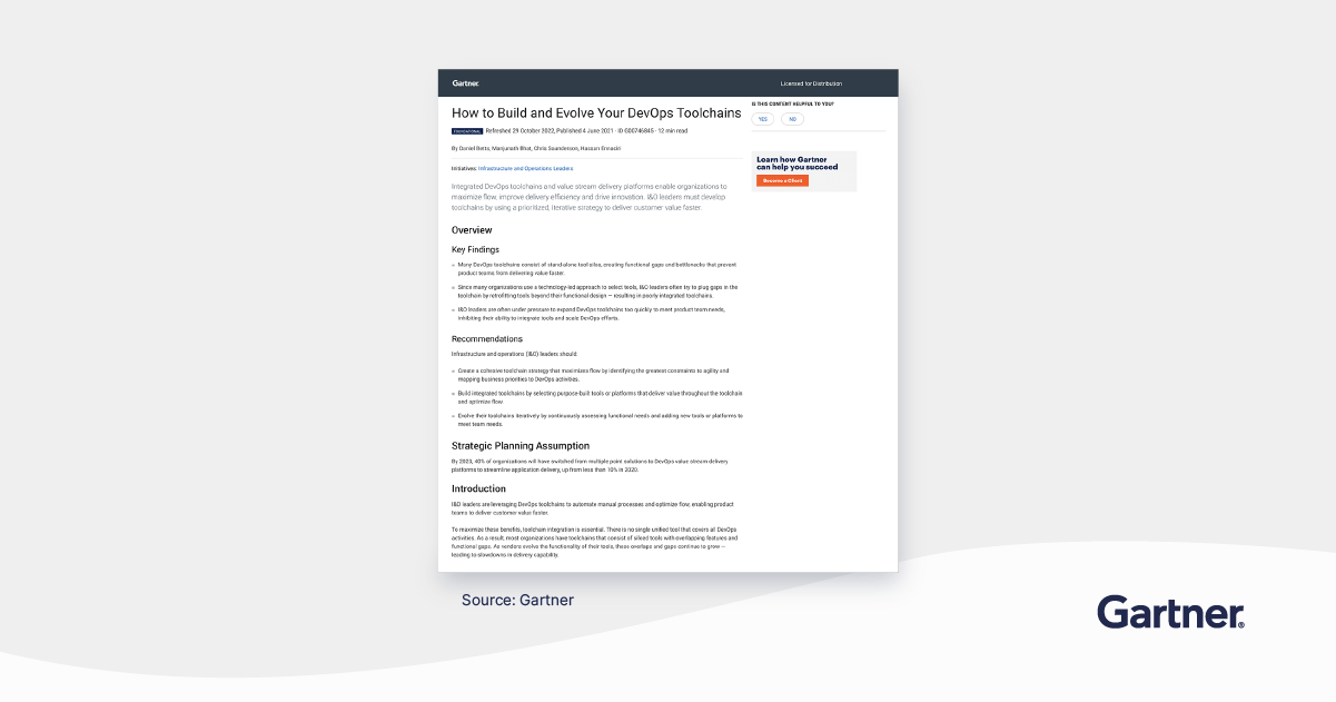 Gartner recommends an iterative approach to finding purpose-built solutions for your DevOps toolchains, in order to deliver customer value sooner.