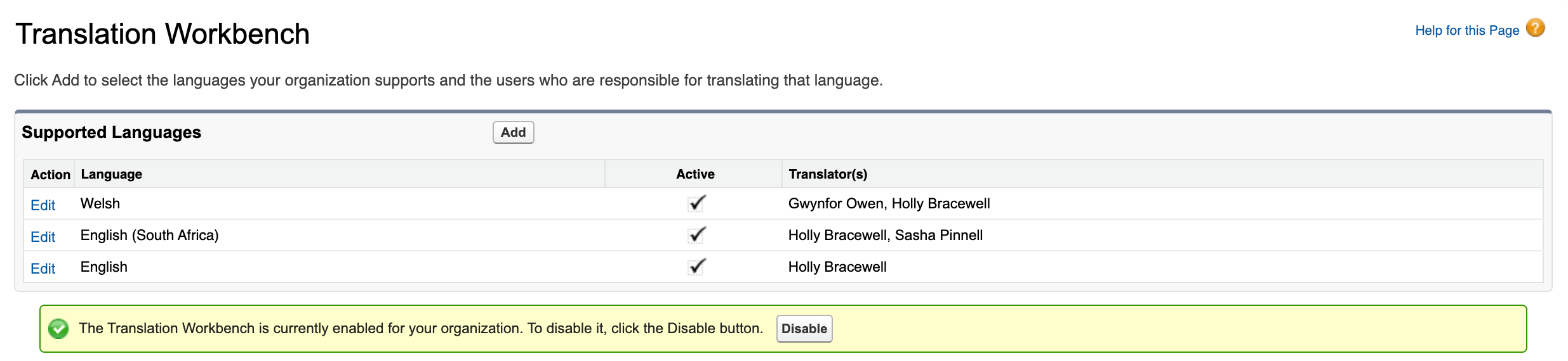 Salesforce UI highlighting the active languages and assigned translators