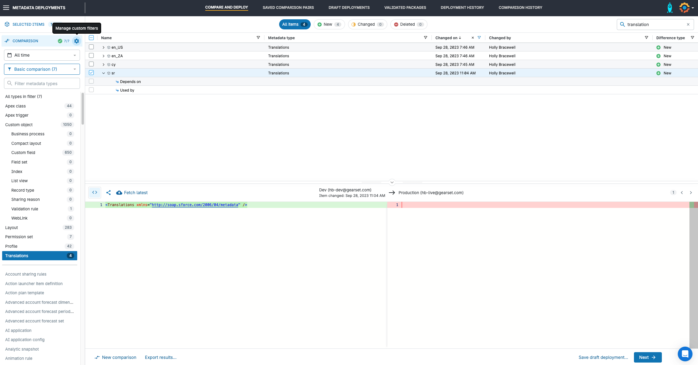 Gearset’s comparison UI flags changed, new, and deleted components between your orgs including translations