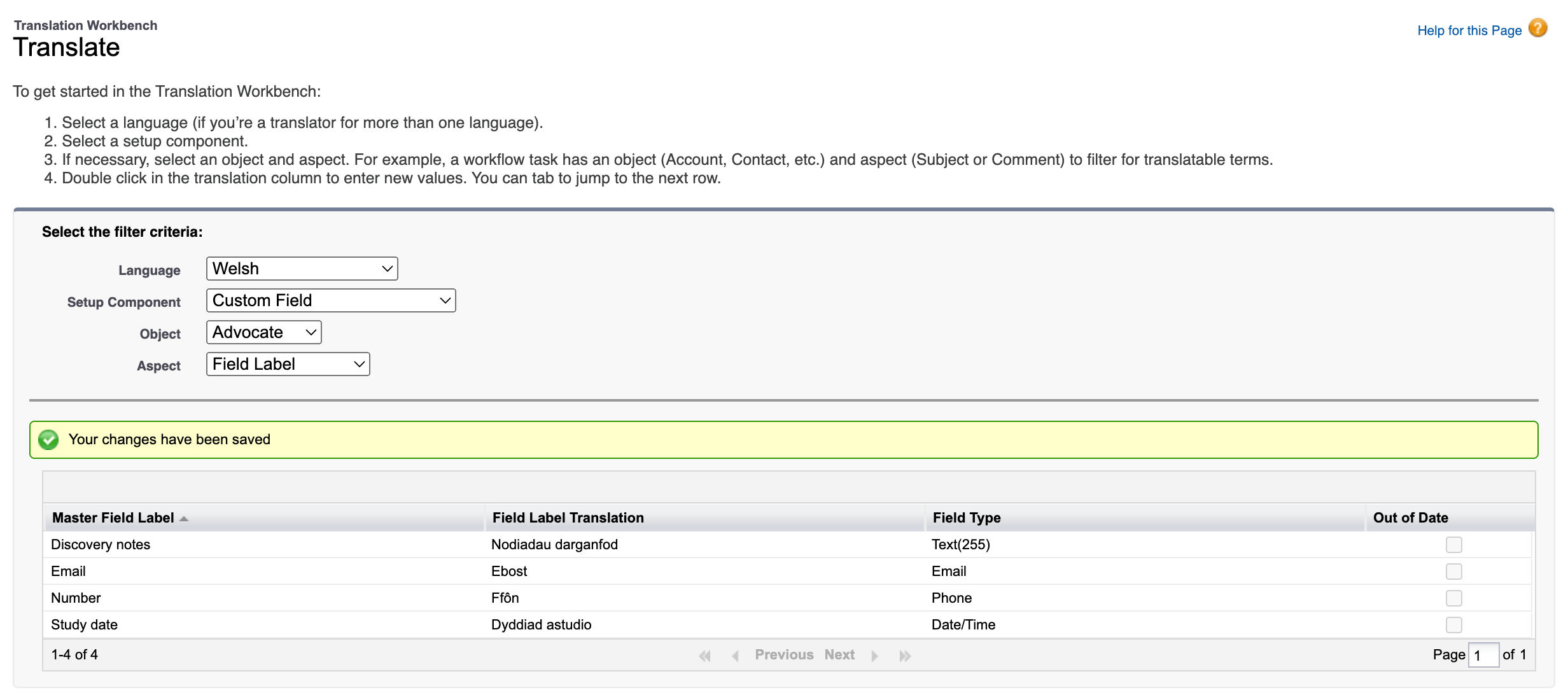 Salesforce UI showing Welsh translations for custom fields
