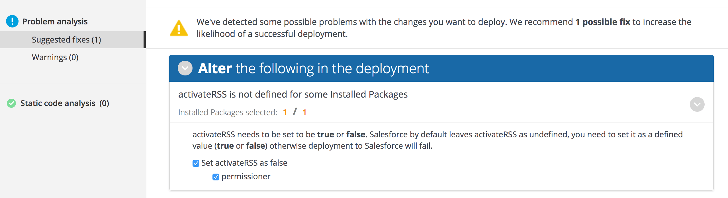 Gearset's problem analyzer with the proposed fix