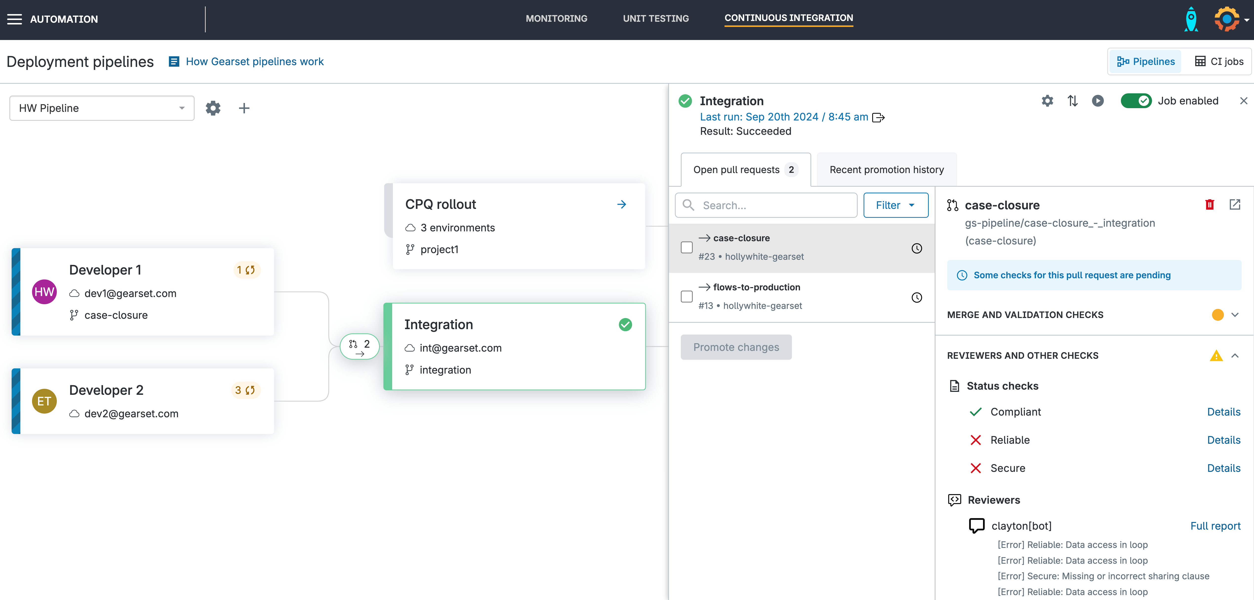 Status checks will run when you open a pull request in Gearset