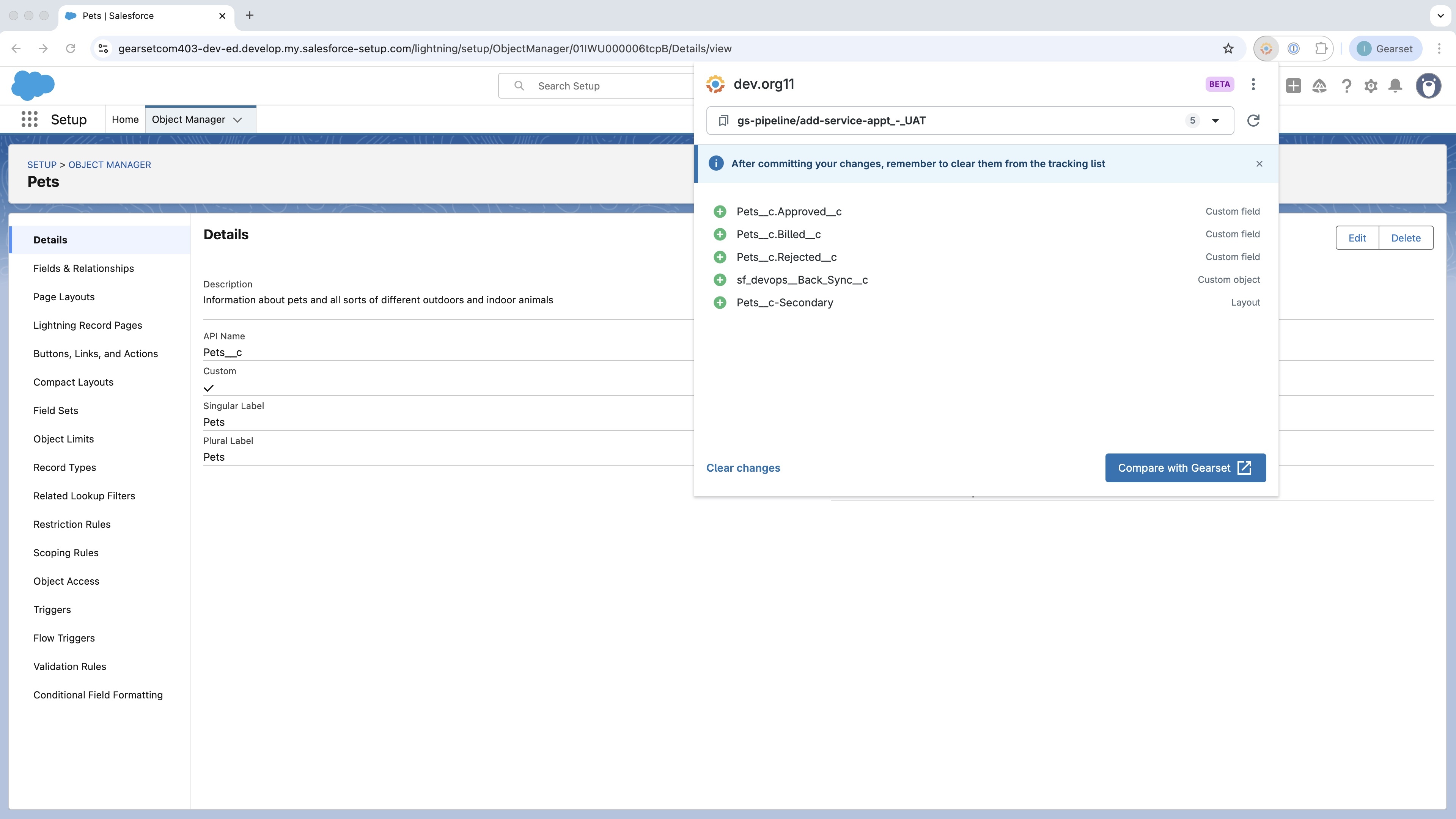 Gearset’s Chrome Extension interface showing how admins can track and commit changes directly from Salesforce.