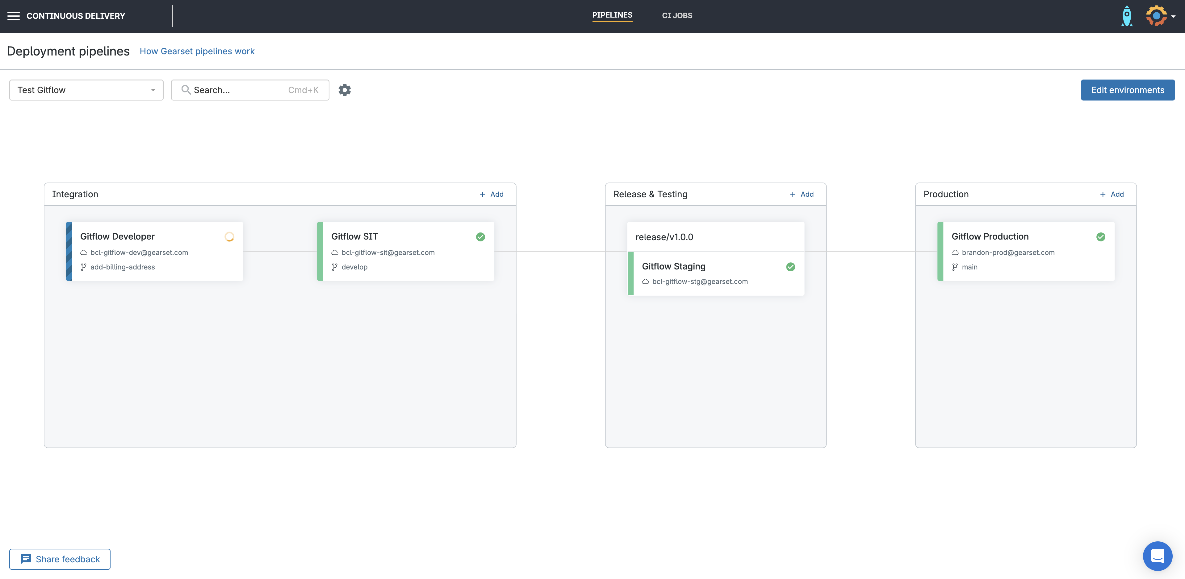 Gearset Pipelines showcasing effortless Gitflow release management across every Salesforce environment.