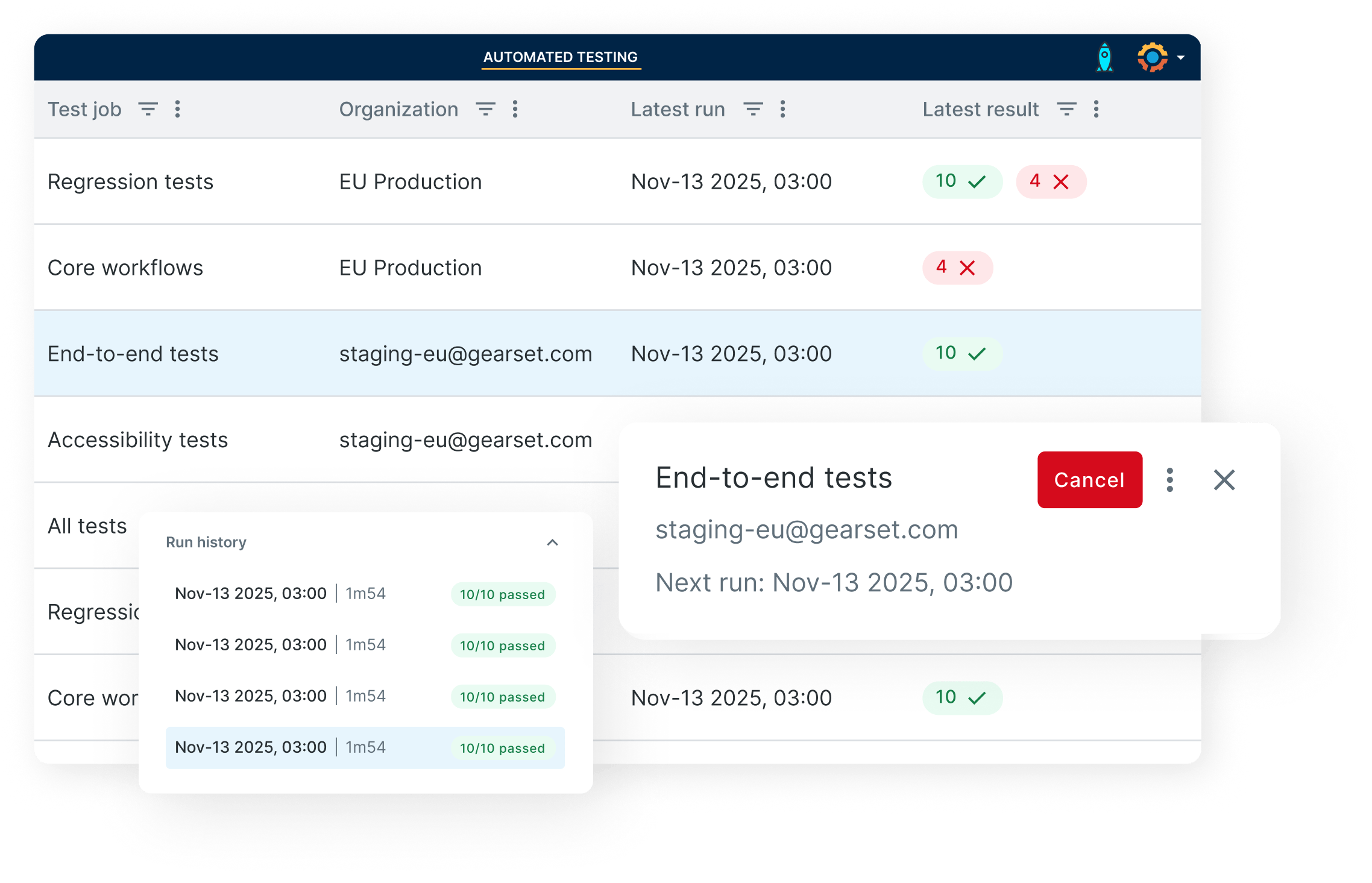 Automated testing user interface in Gearset