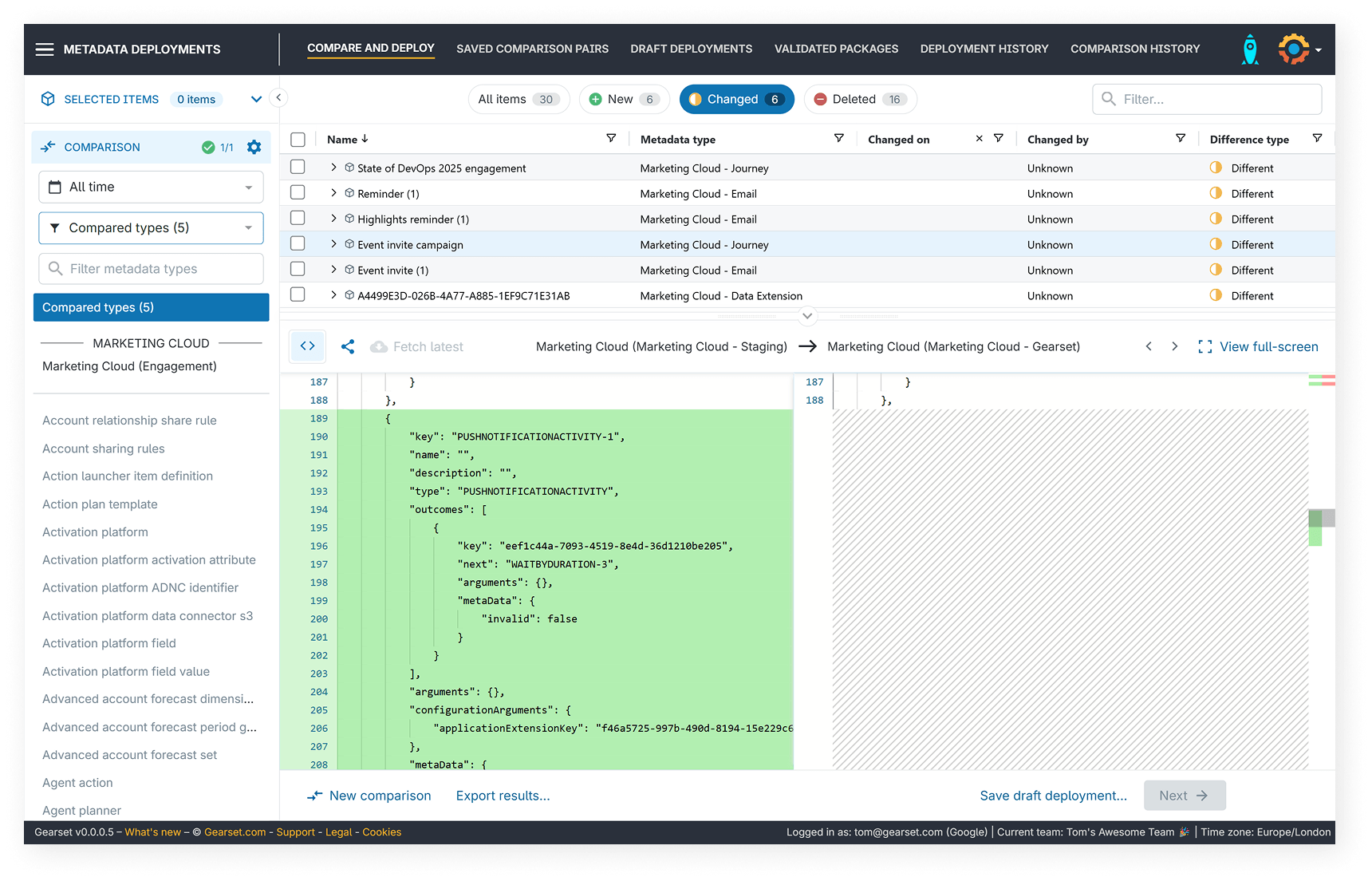 Marketing Cloud compare and deploy UI window