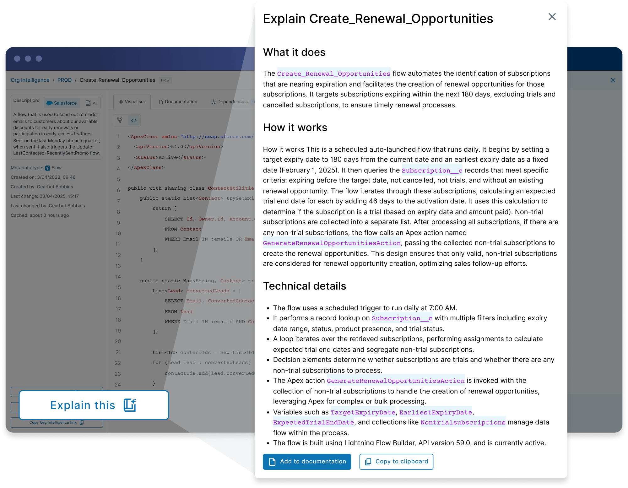 User interface window showing AI-powered documentation of Salesforce org structure