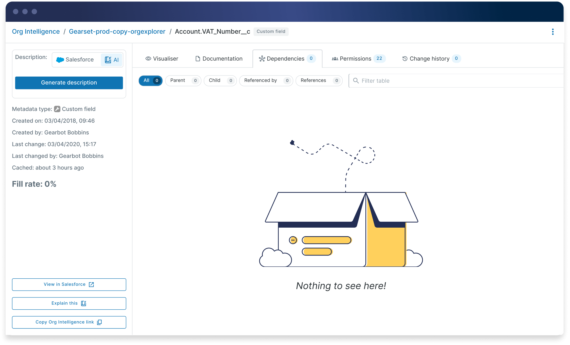 User interface window showing custom field metadata details and dependencies